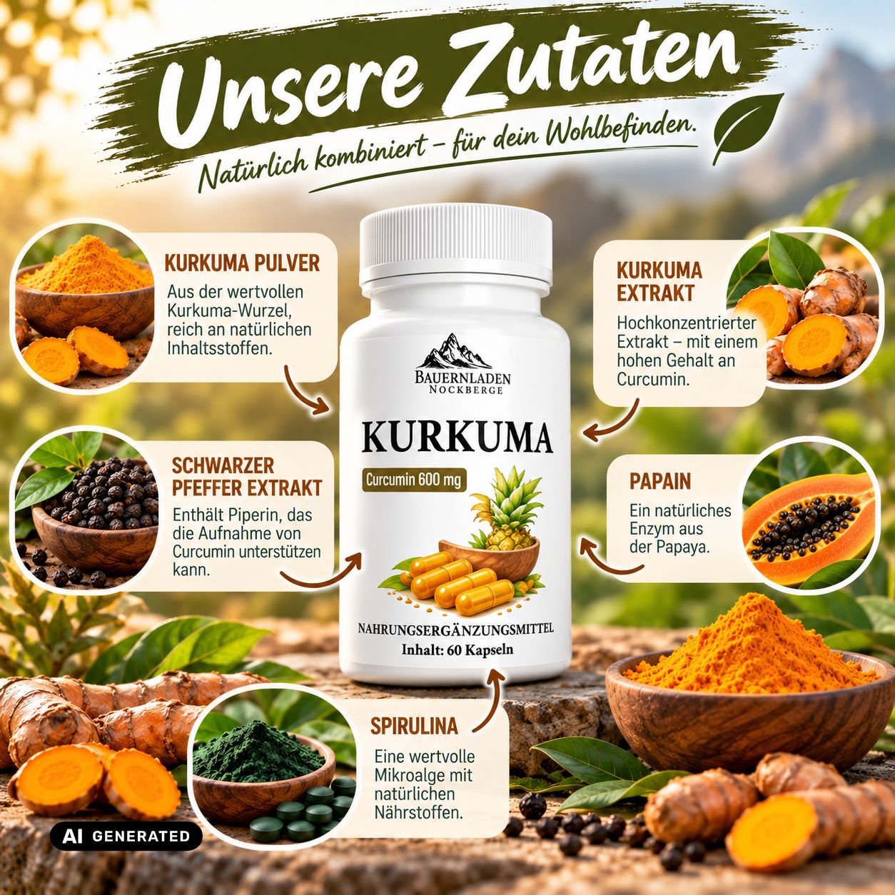 Bottiglia di integratori alla curcuma, con etichetta 'BAUERNLADEN NOCKBERGE'.