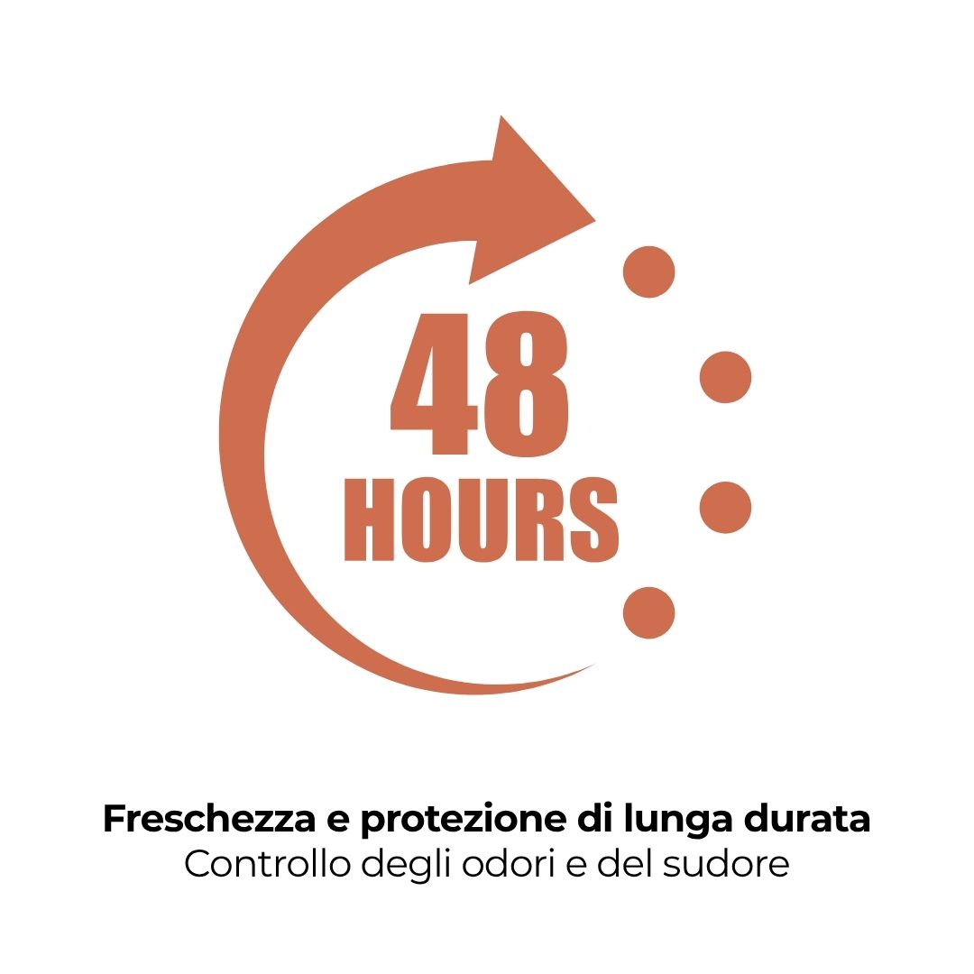 Simbolo con freccia e testo: 48 ore. Testo: Freschezza e protezione di lunga durata. Controllo degli odori e del sudore.