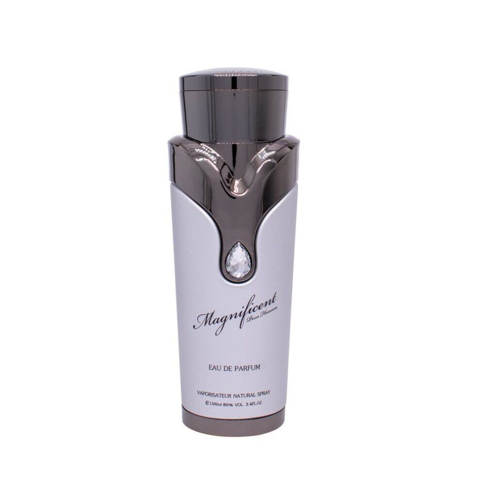 Flacone di profumo grigio e argento con etichetta argentata 'Magnificent'.