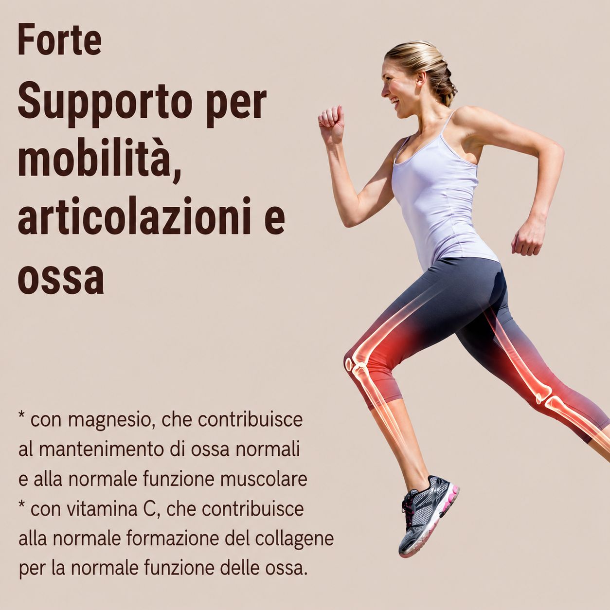 Corridore. Testo: Supporto per mobilità, articolazioni e ossa. Ossa evidenziate in rosso.
