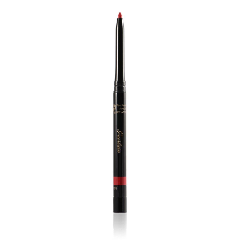 Matita labbra nera, aperta, con mina rossa. Scritta: Guerlain. Colore: Rouge Dahlia. Vista dettagliata.