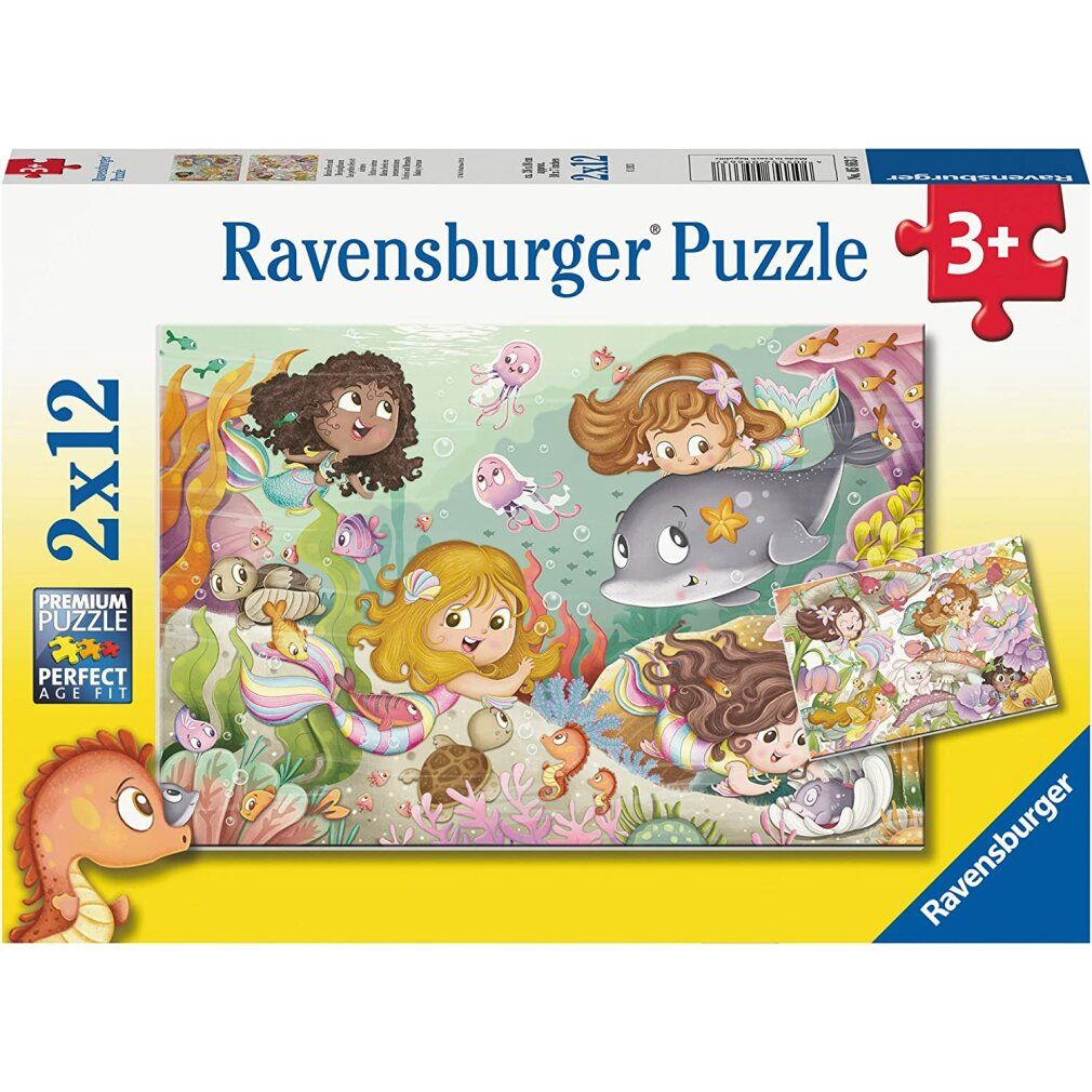 Puzzle Ravensburger Kinderpuzzle, 2x12 pezzi. Immagine di sirene e creature marine. Confezione con logo e raccomandazione di età.