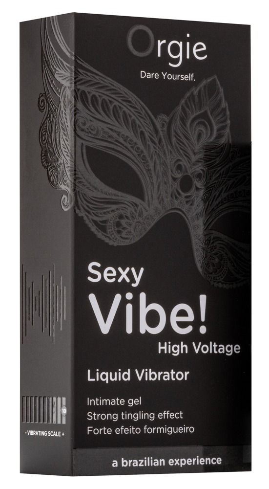 Confezione dell'Orgie Sexy Vibe! High Voltage Liquid Vibrator con motivo a maschera.