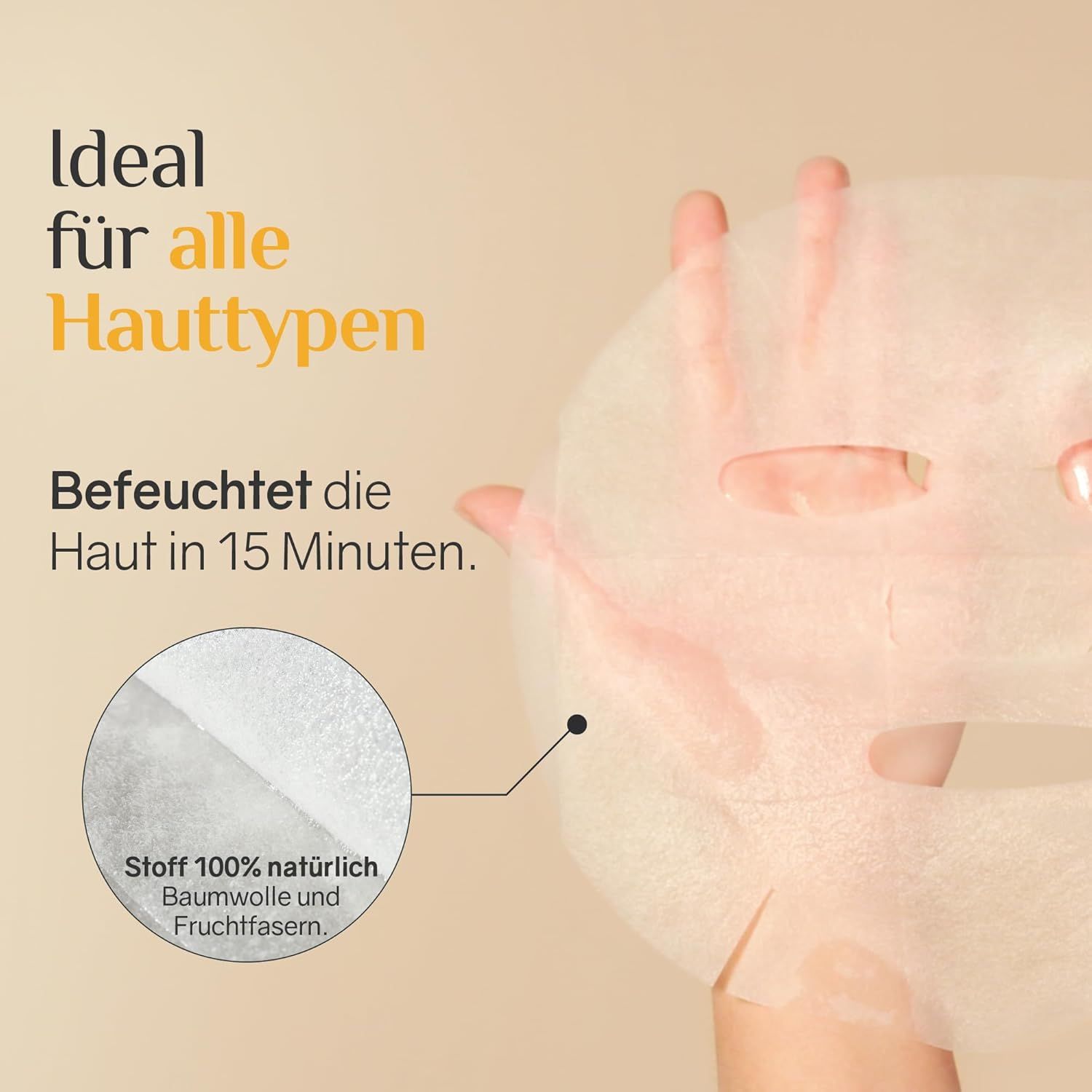 Maschera per il viso sulla mano. Testo: Ideale per tutti i tipi di pelle. Idrata la pelle in 15 minuti. Tessuto 100% naturale.