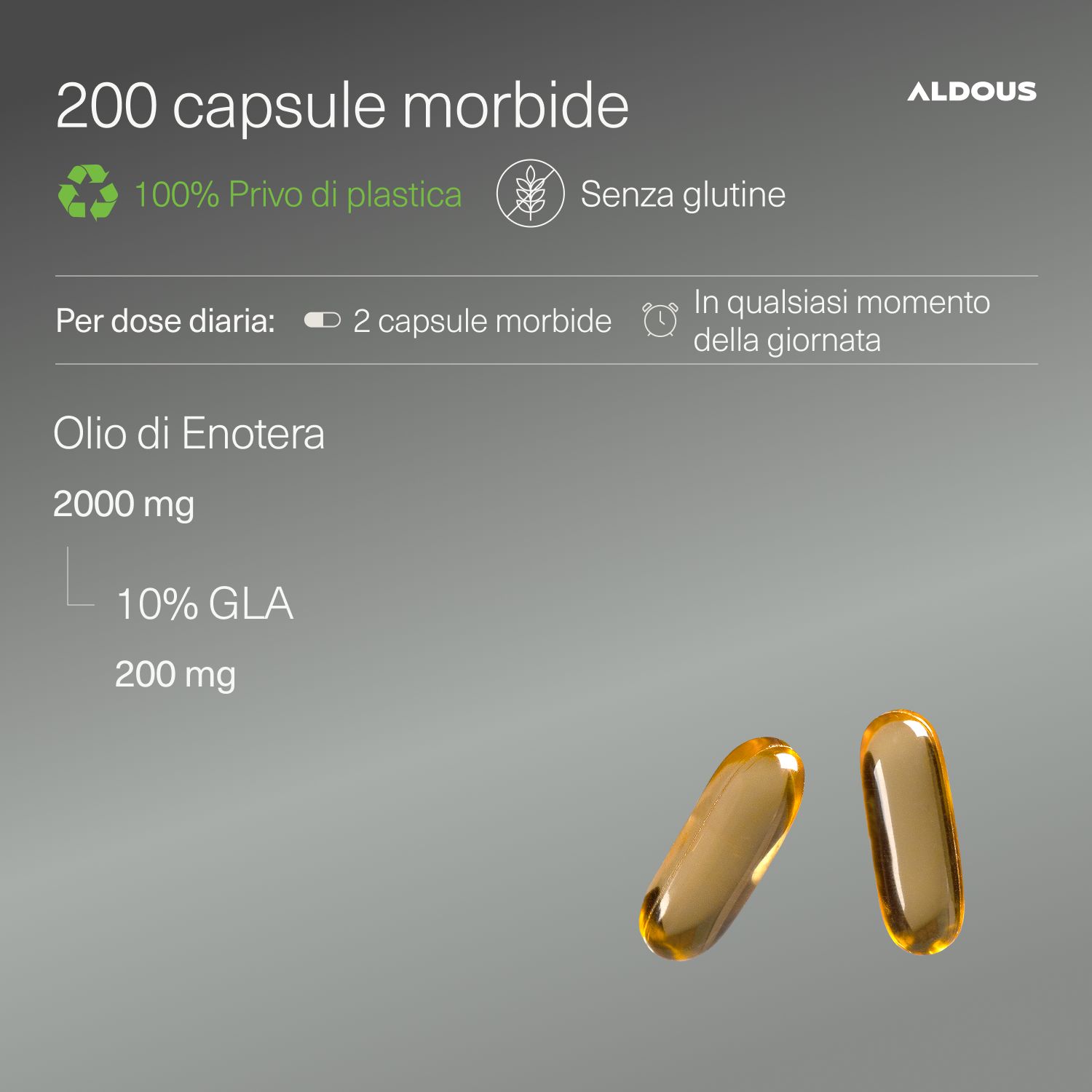 Due capsule accanto al testo. Testo: 200 capsule morbide, 100% senza plastica, senza glutine. Per dose: 2 capsule. Olio di Enotera, 2000 mg, 10% GLA, 200 mg.