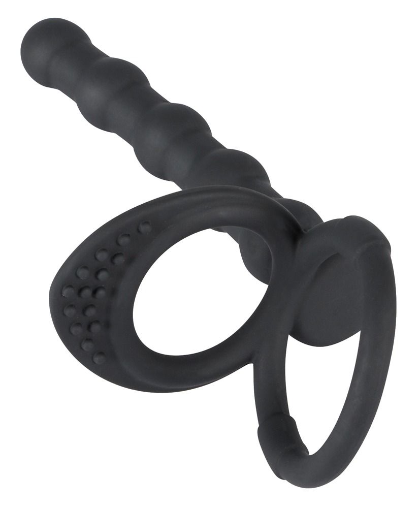 Anello per pene/testicoli nero con dildo anale. Anello con rilievi, dildo scanalato. In silicone.