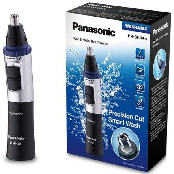 Tagliacapelli e barba accanto alla confezione. Nero, argento e blu. 'Washable' e 'Panasonic ER-GN30-K'.