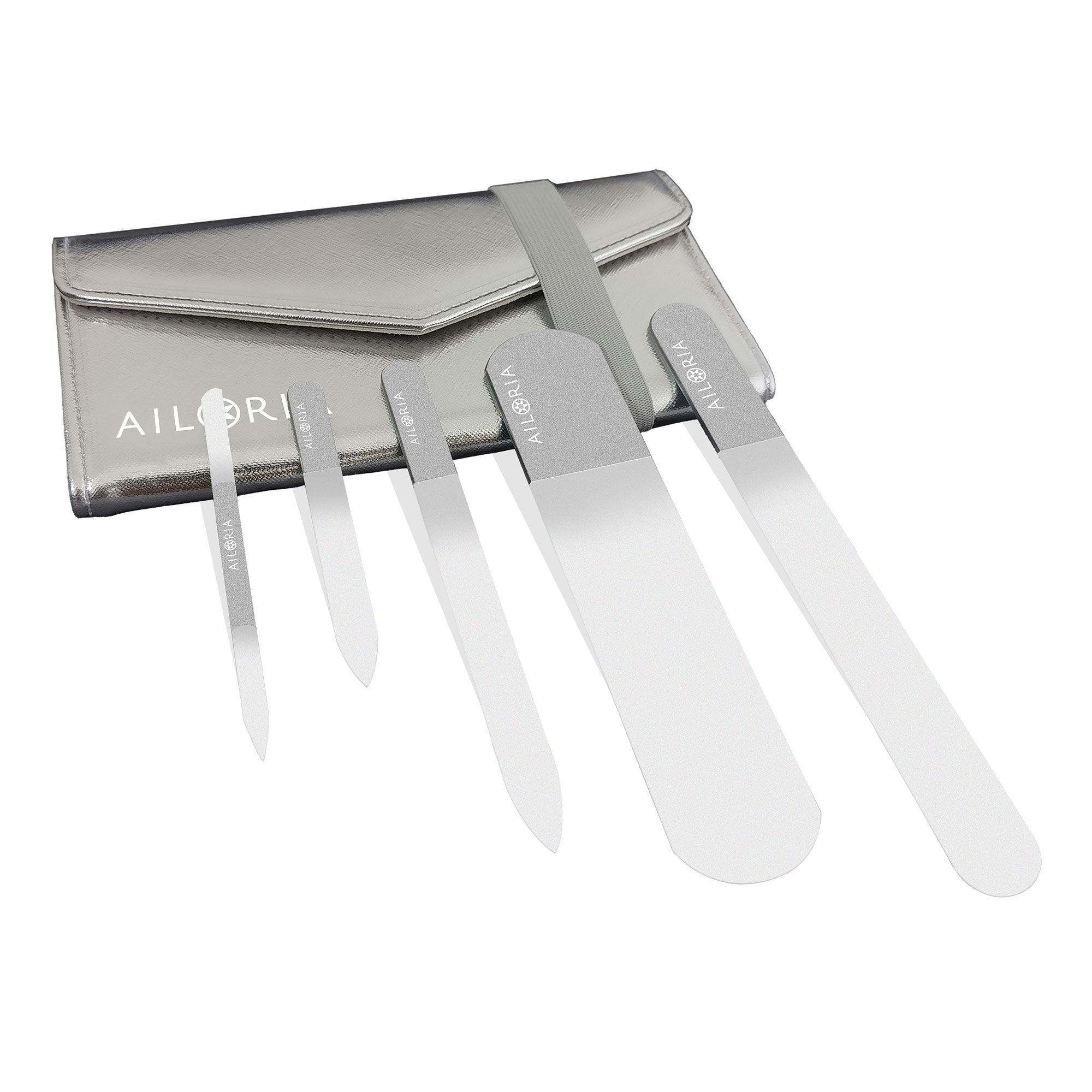 Set AILORIA CONTOUR LUXE con custodia e 5 lime. Logo AILORIA su ogni lima. Custodia e lime argentate.