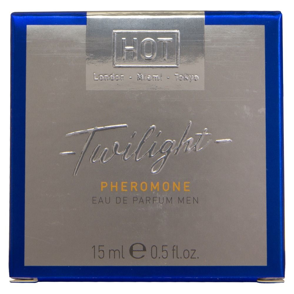 Confezione argentata, cornice blu. Testo: Twilight Pheromone Eau de Parfum Men. 15ml. Logo HOT.