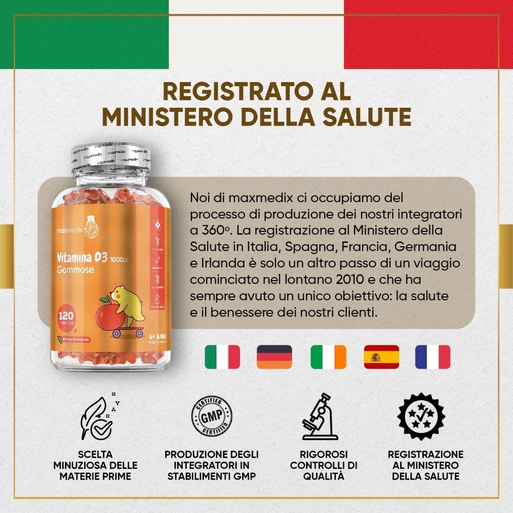 Bottiglia di gommosi Vitamina D3, 120 pezzi. Testo: maxmedix, 1000 UI, per bambini. Vantaggi.