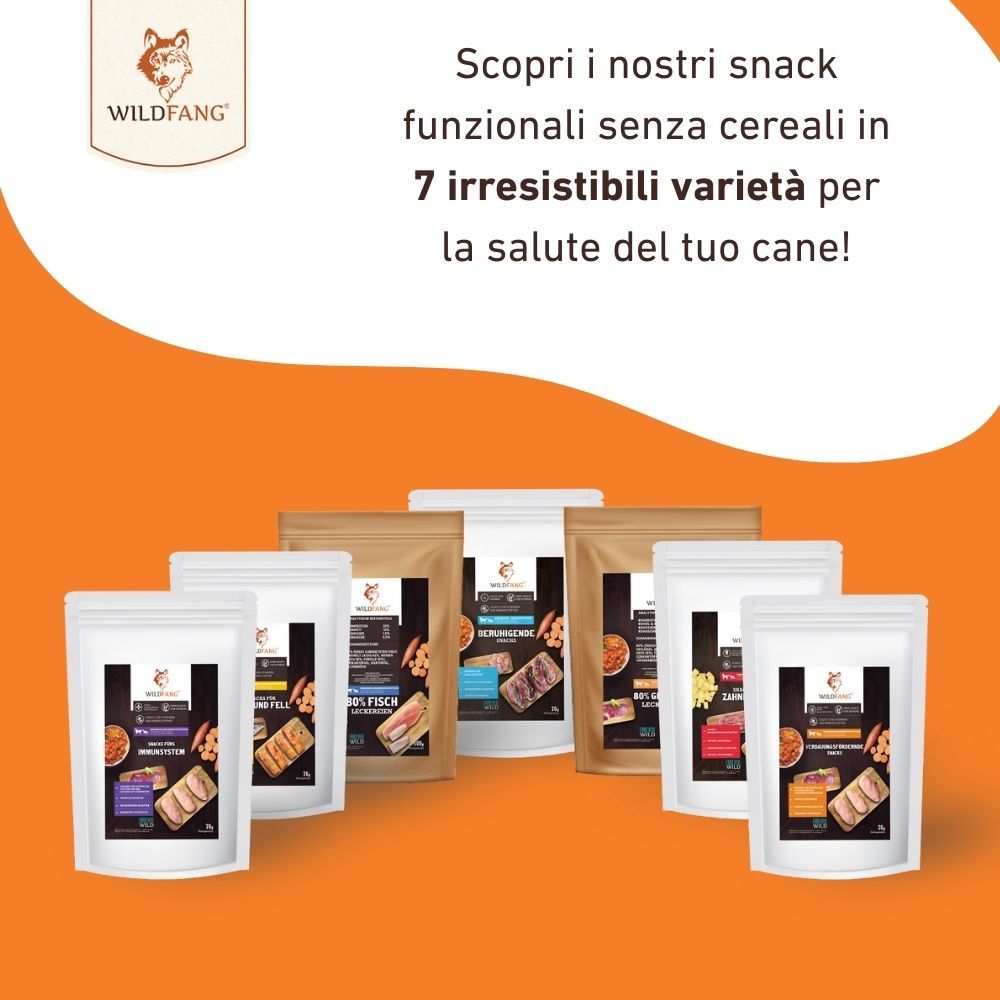 Sette sacchetti di snack per cani. Testo: 'Scopri i nostri snack funzionali senza cereali in 7 irresistibili varietà per la salute del tuo cane!'