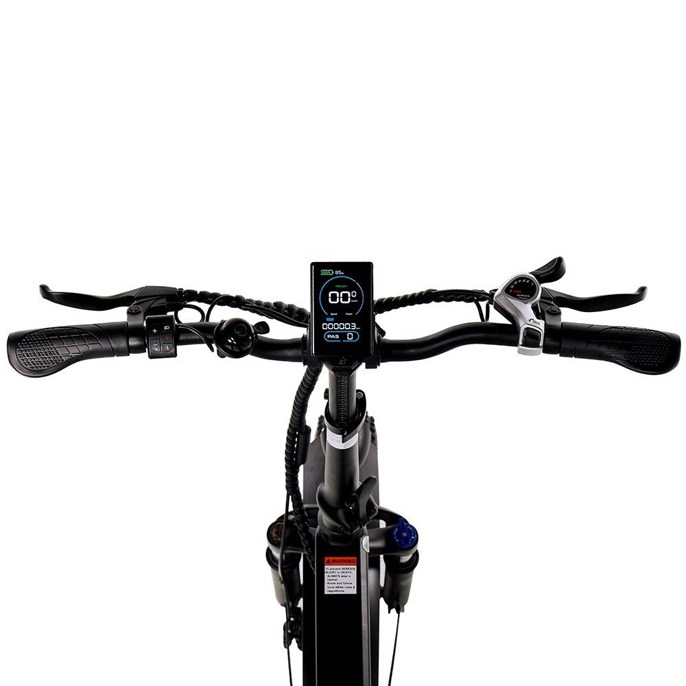 Vista del manubrio della bici elettrica. Display digitale con velocità e batteria. Leve freno e campanello.