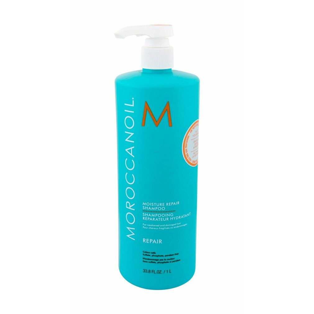 Flacone di shampoo turchese con dosatore bianco. Scritta: Moroccanoil, Moisture Repair Shampoo, Repair. Logo ed etichetta arancioni.