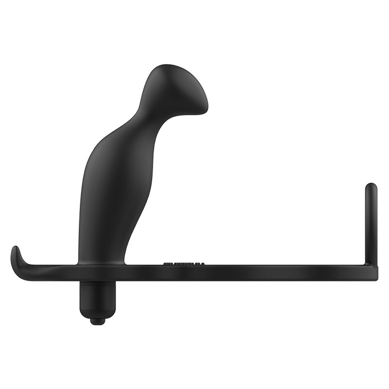 Plug anale nero con base. Forma anatomica. In silicone. Vista laterale.