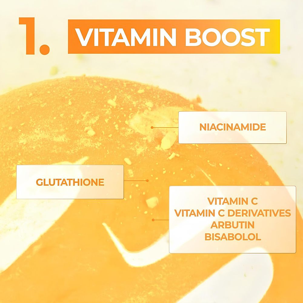Primo piano con testo: "1. VITAMIN BOOST". Etichette per "Glutathione", "Niacinamide", "Vitamin C" e altri ingredienti.