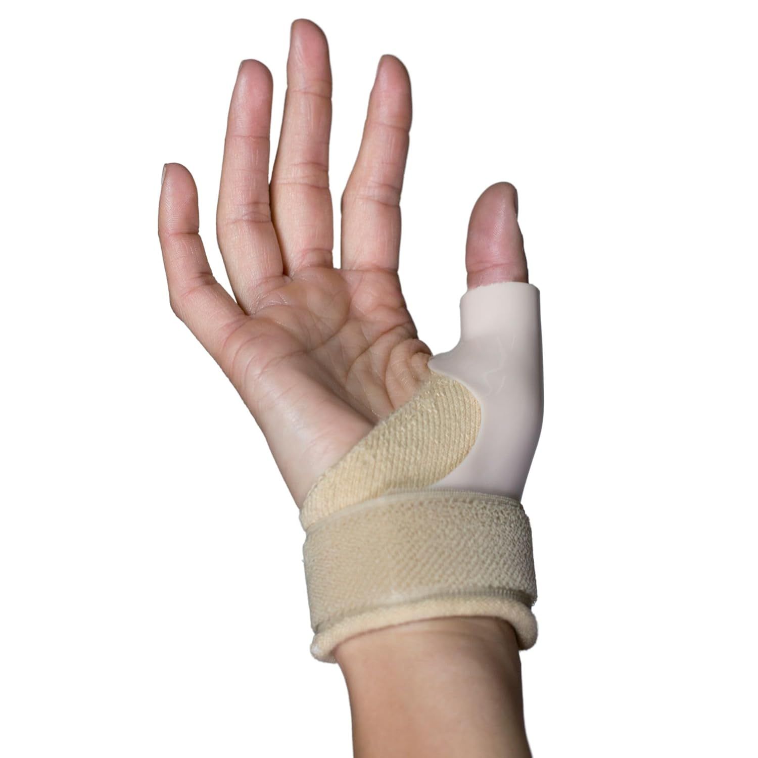 Tutore per pollice per stabilizzare polso e pollice, in materiale chiaro con chiusura in velcro.
