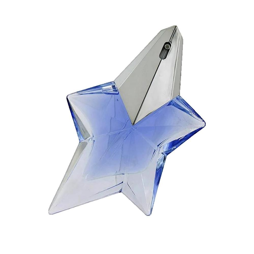 Profumo blu in flacone a forma di stella con tappo argentato. Forma di vetro chiara e sfaccettata.
