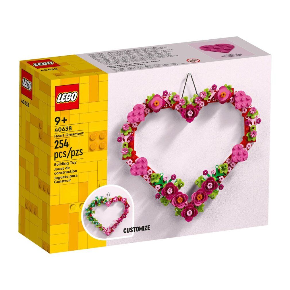LEGO Creator 40638 Ornamento Cuore. Ghirlanda a forma di cuore con fiori. Confezione con logo e informazioni.