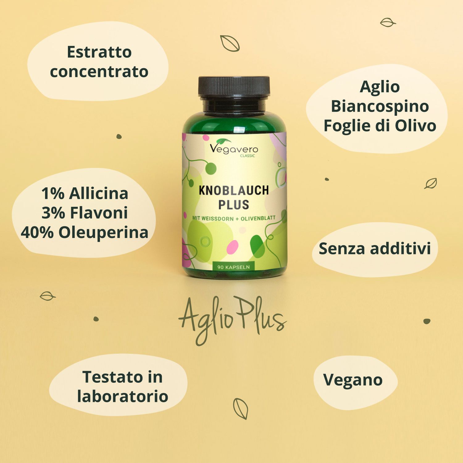 Bottiglia verde con tappo nero. Scritta: Vegavaro, Knoblauch Plus, con biancospino + foglie di ulivo. Ulteriori informazioni. Logo vegano.