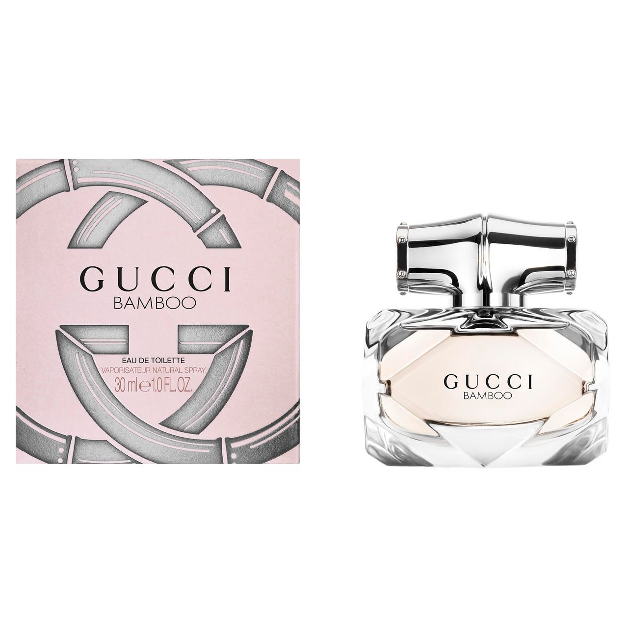 Flacone di profumo e confezione. Scritta: GUCCI BAMBOO. Flacone in vetro con tappo argentato. Confezione rosa.