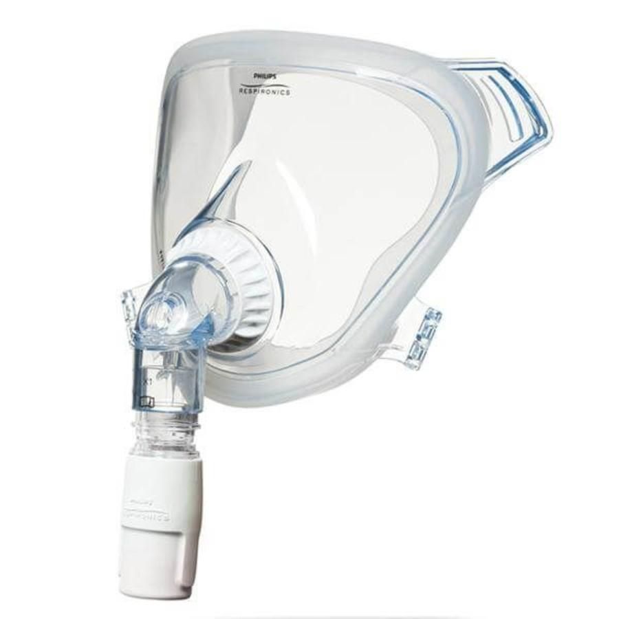 Maschera CPAP Philips, FitLife, a pieno facciale, con telaio trasparente e connettore bianco.