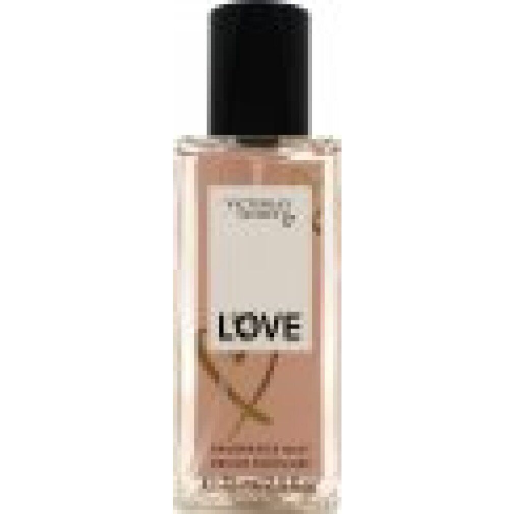 Flacone rettangolare con tappo nero. Scritta "Victoria's Secret LOVE". Grafica a cuore dorata. "Fragrance Mist" e indicazione volume.