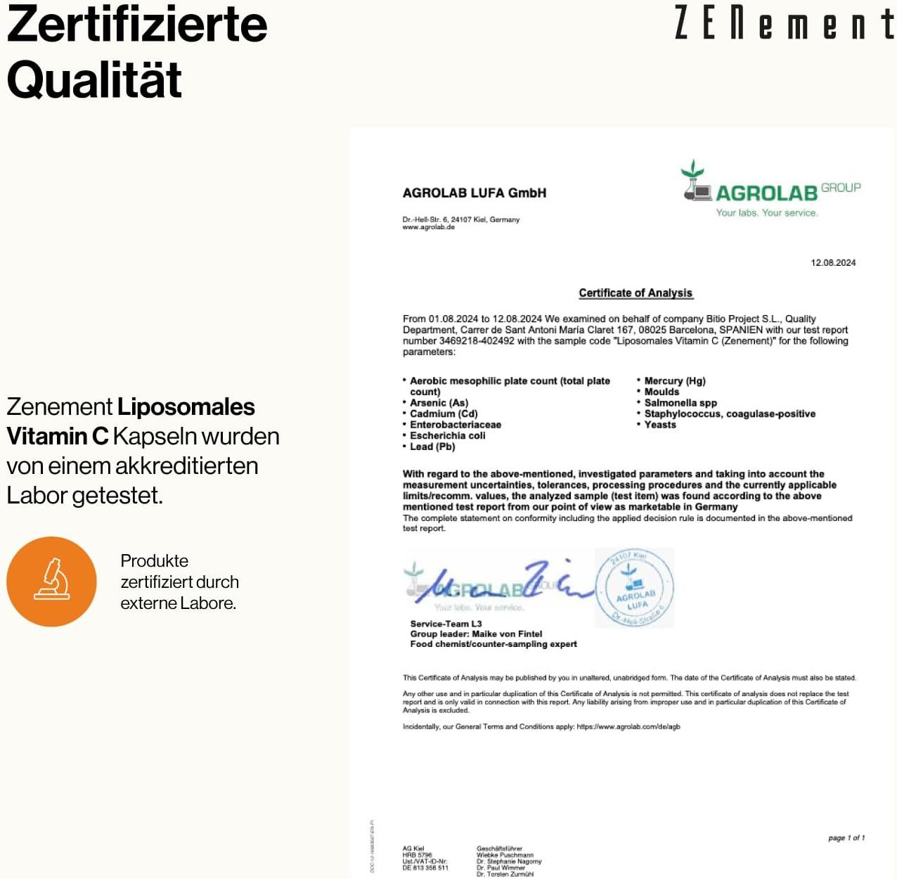 Documento di certificazione AGROLAB LUFA GmbH. Testo: Zenement Liposomales Vitamina C testate da un laboratorio accreditato.