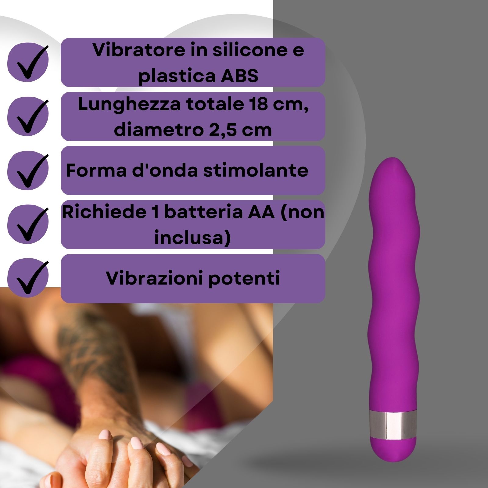 Vibratore viola ondulato. Testo con info: materiale, dimensioni, forma, batteria.