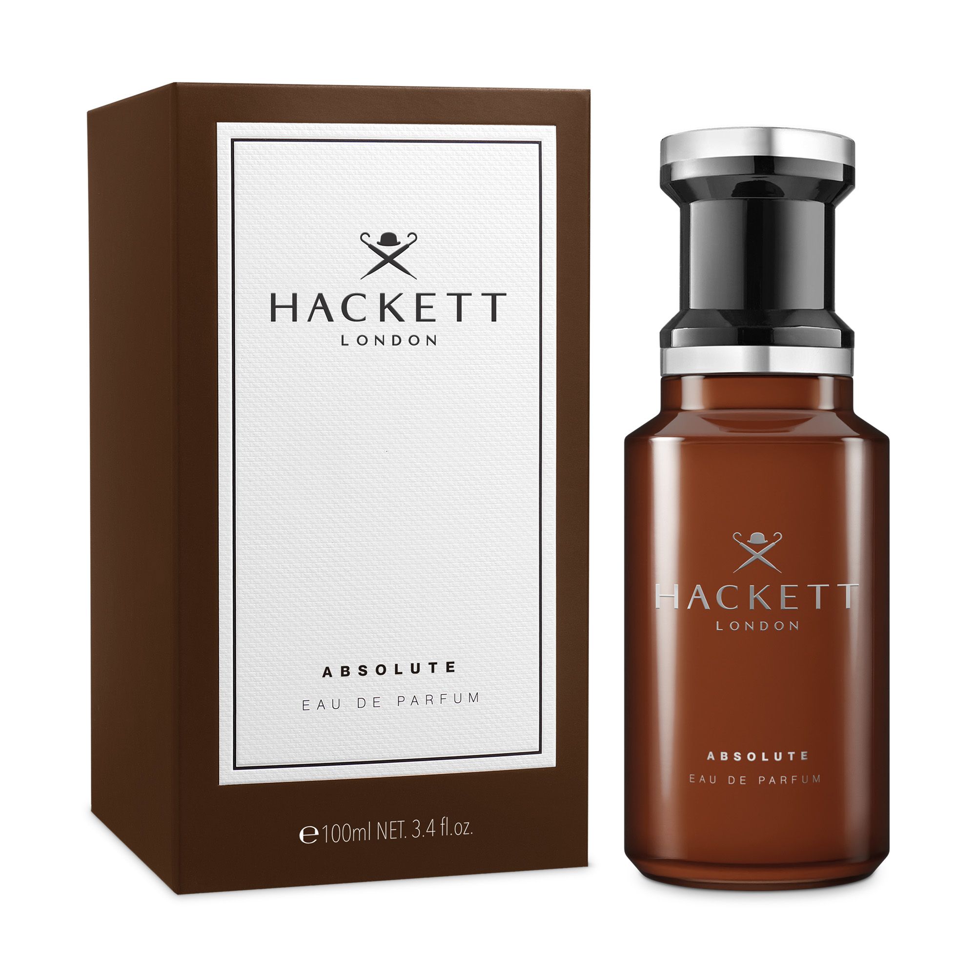 Flacone di profumo accanto a scatola marrone. Scritta: Hackett London, Absolute Eau de Parfum. Scatola: 100ml NET 3.4 fl.oz.