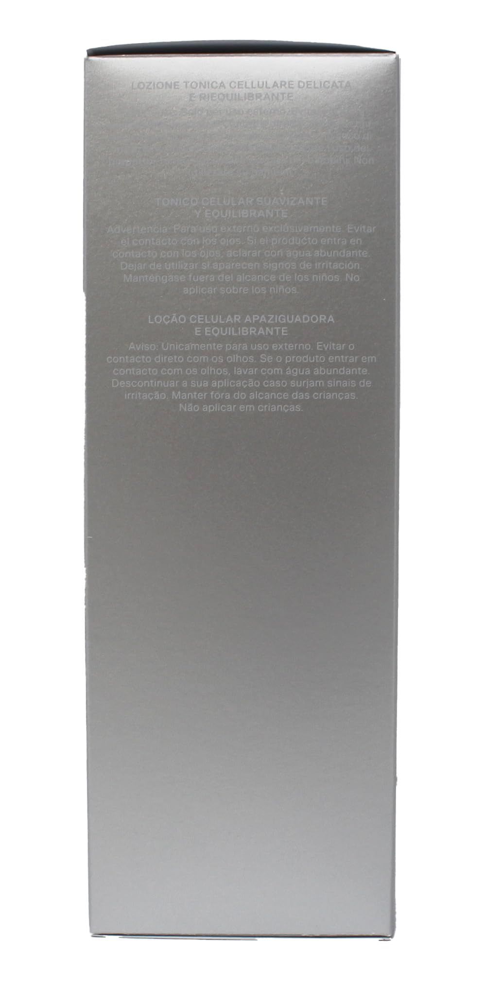 Confezione grigia con testo. Scritta: LOZIONE TONICA CELLULARE DELICATA. Testo in più lingue.