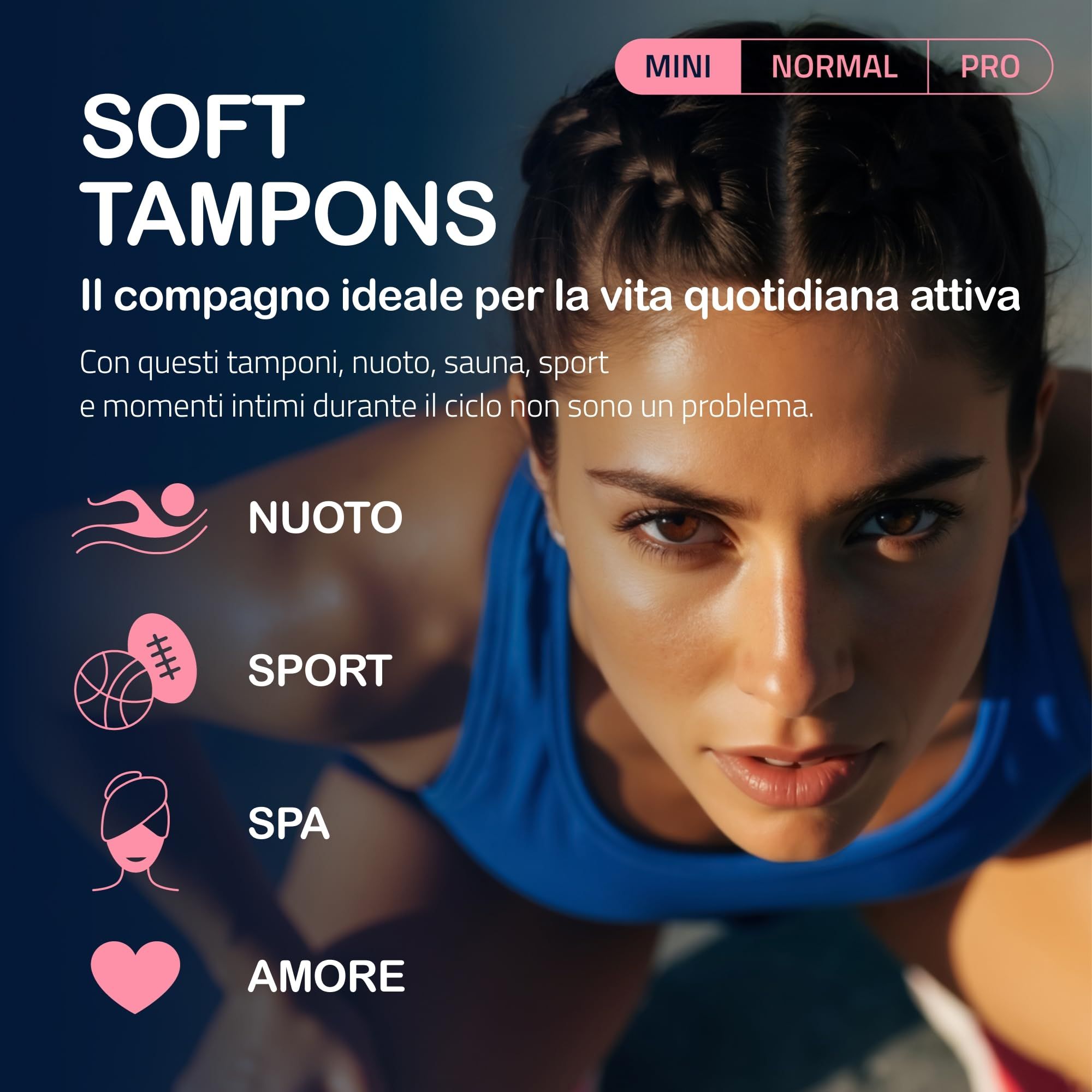Donna che fa sport, MY.SIZE Woman Soft Tampons Mini. Icone per nuoto, sport, spa, amore. Prodotto in primo piano.