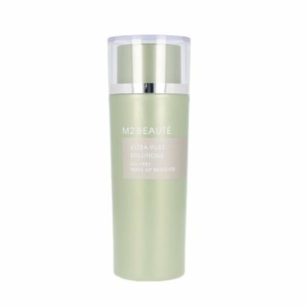 Flacone cilindrico verde con tappo trasparente. Etichetta M2 Beauté, Ultra Pure Solutions, Oil-Free Make-Up Remover.