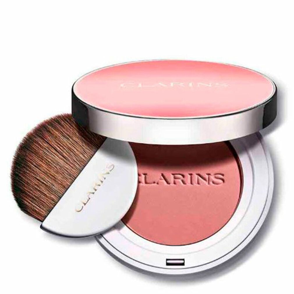 Fard in polvere compatto rotondo con pennello. Coperchio con scritta CLARINS. Polvere rosa. Pennello con manico bianco. Scritta CLARINS.