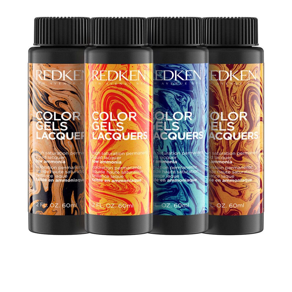 Quattro flaconi Color Gels Lacquers. Tappi neri, liquidi colorati. Testo: Redken, Color Gels Lacquers, 2 FL OZ 60ml.