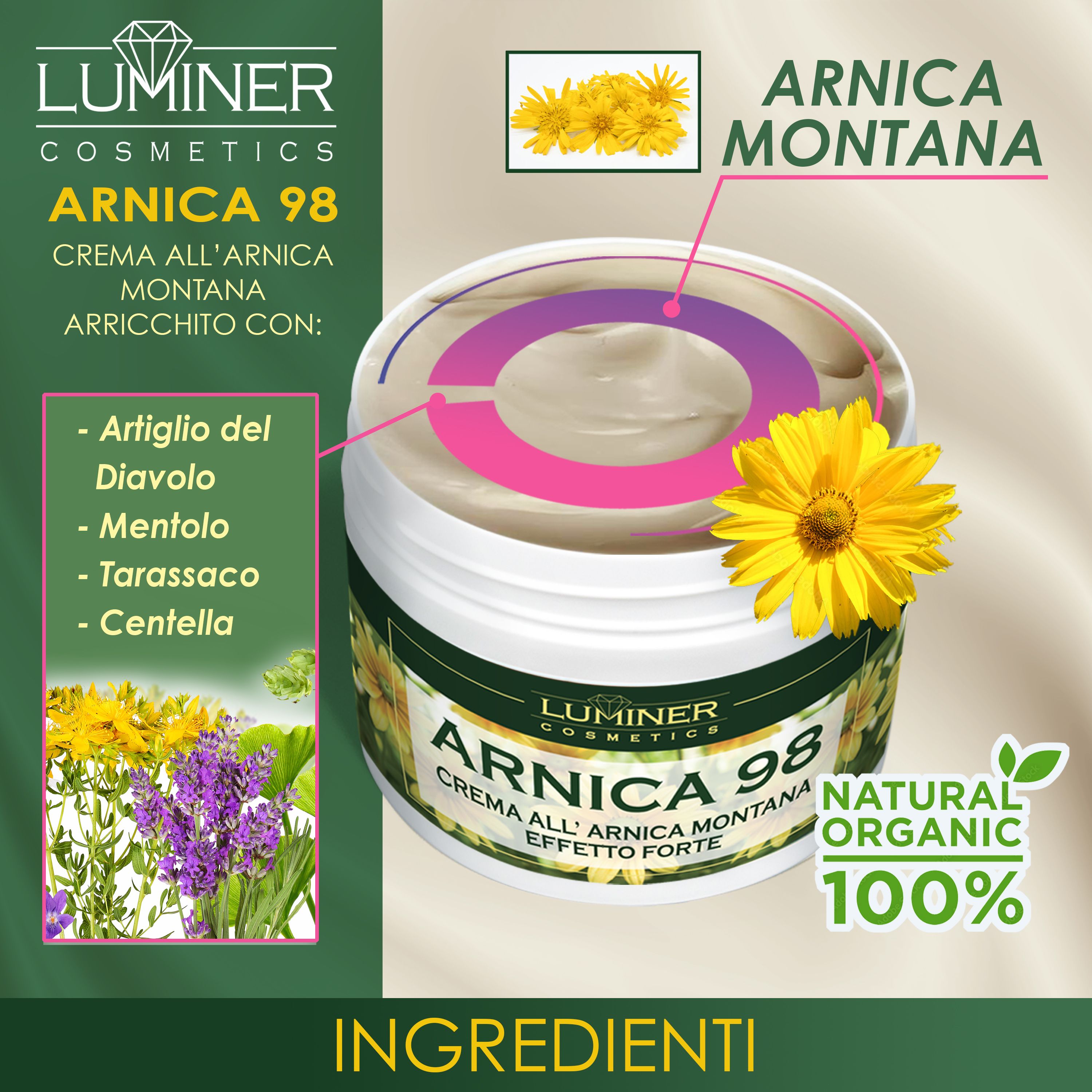 Crema Arnica 98 con Arnica Montana, arricchita con artiglio del diavolo, mentolo, tussilago, centella.