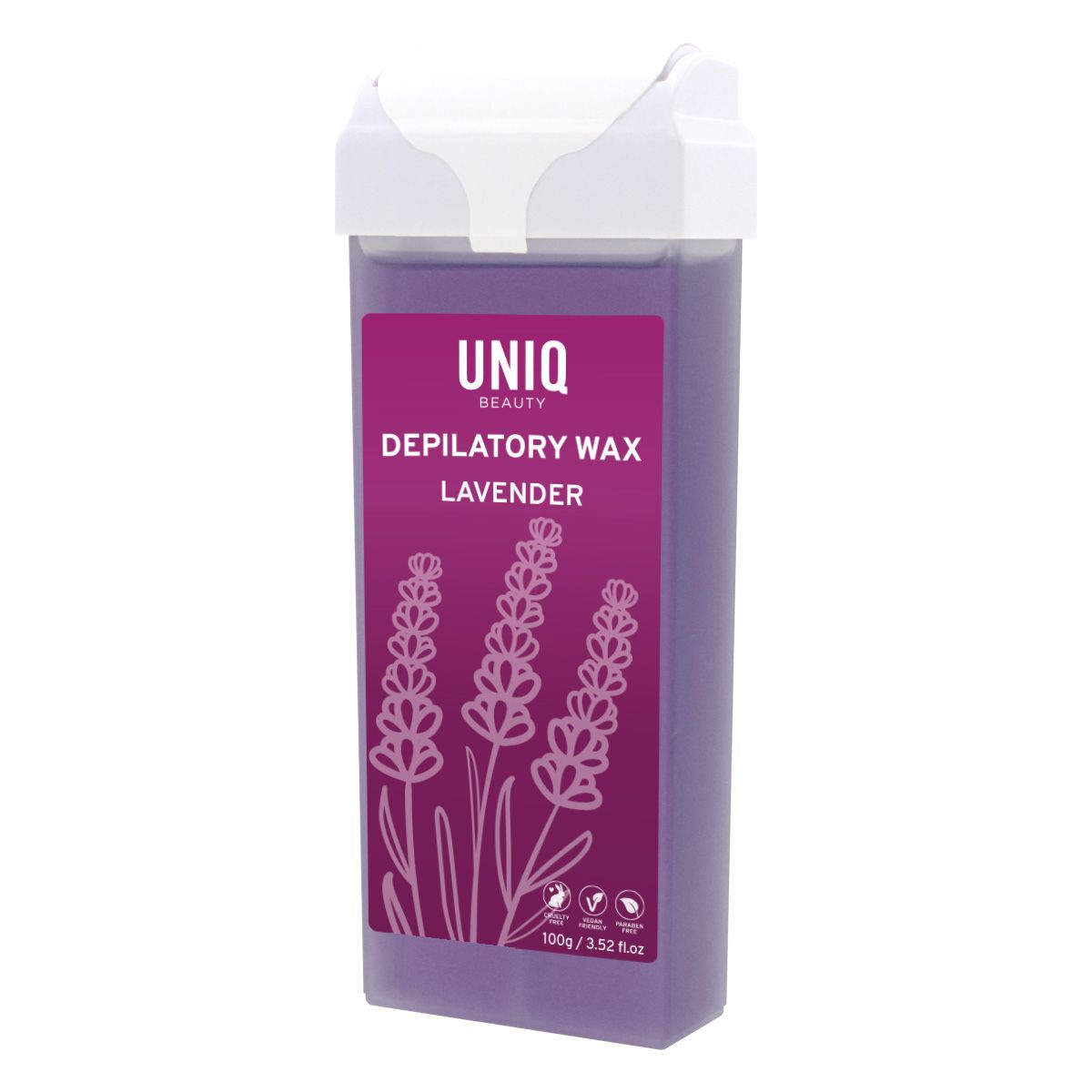 Cera depilatoria viola in cartuccia con motivo lavanda, etichettata 'UNIQ BEAUTY DEPILATORY WAX LAVENDER'. 100g.