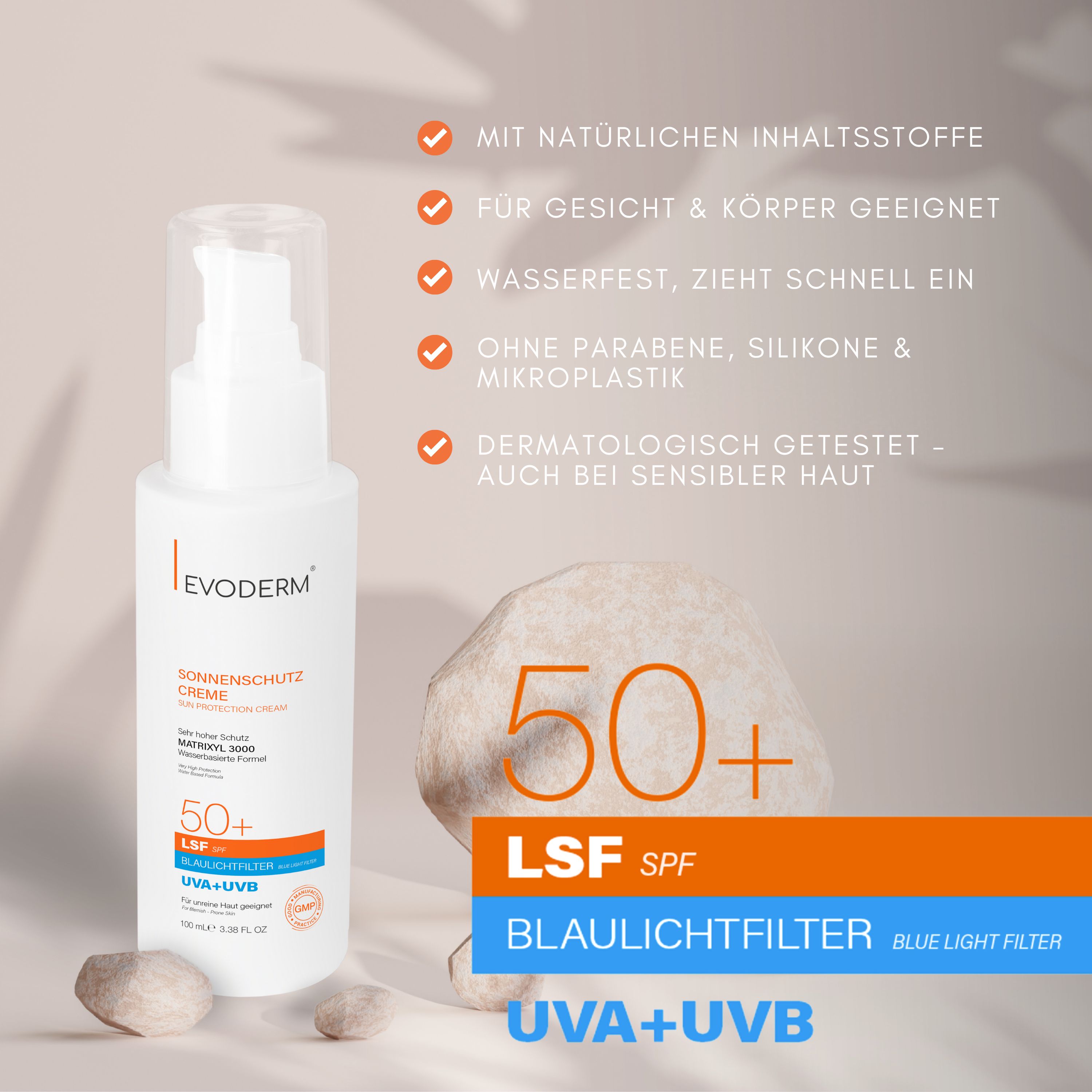 Flacone di crema solare, SPF 50+, UVA+UVB, filtro luce blu. Adatto per viso e corpo.