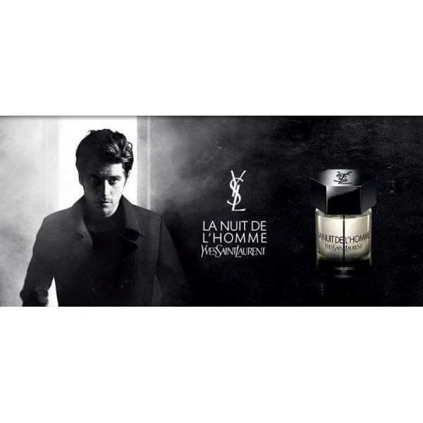 Immagine pubblicitaria. Uomo in bianco e nero. Flacone con tappo nero. Scritta: La Nuit de L'Homme, Eau de Toilette. Logo: YSL.
