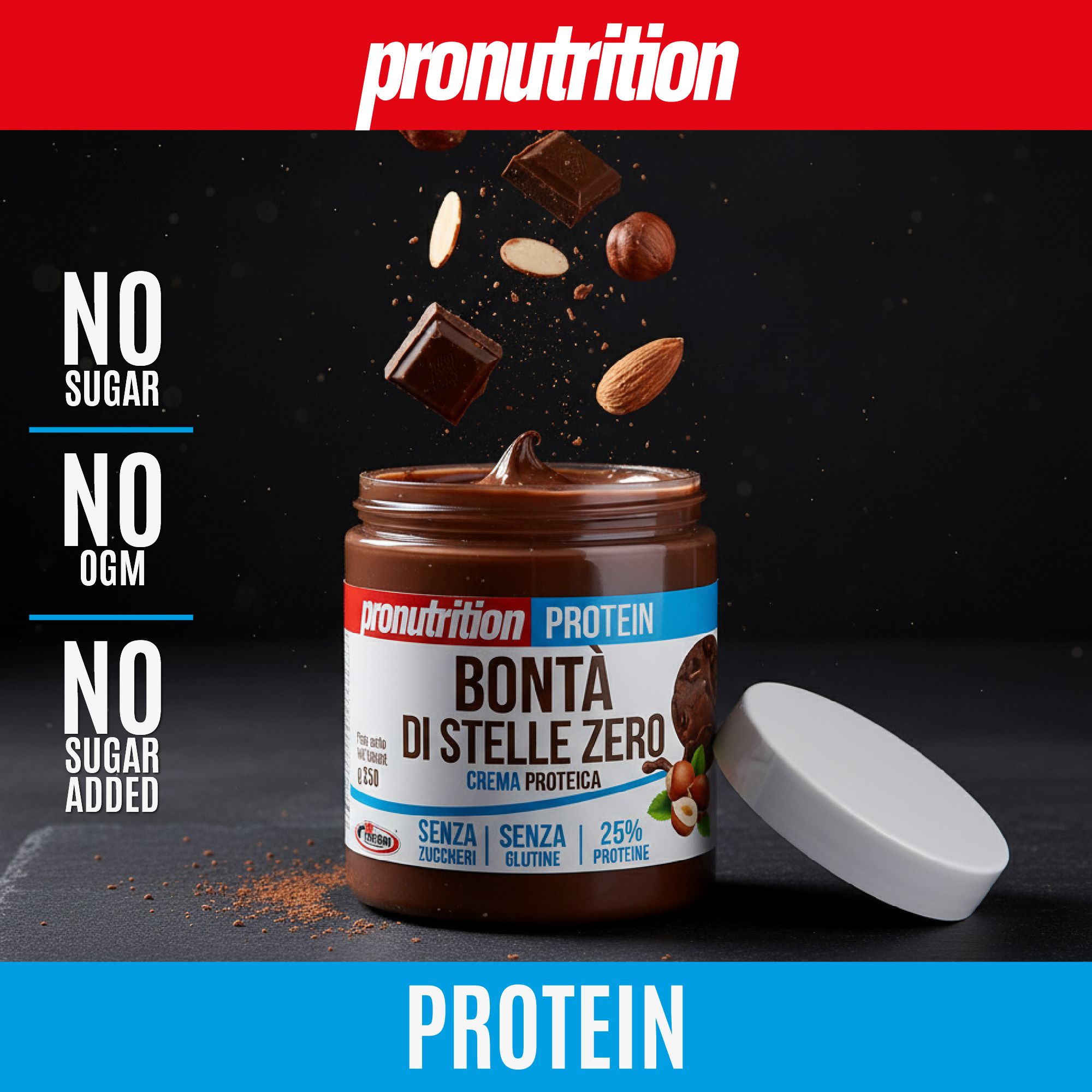 Barattolo di crema proteica Pronutrition, Bontà di Stelle Zero. Ingredienti che cadono. Senza zucchero, senza OGM, senza zuccheri aggiunti.