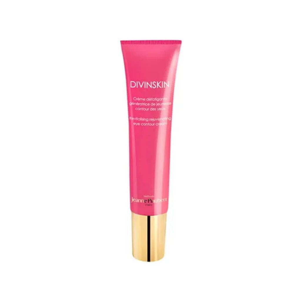Tubo rosa con tappo dorato. Scritta: Divinskin, Crème défatigante contour des yeux. Marchio: Jeanne Piaubert.