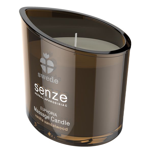 Candela da massaggio. Scritta: swede, senze, Euphoria, Massage Candle, vanilla sandalwood. Vetro marrone, candela con stoppino.