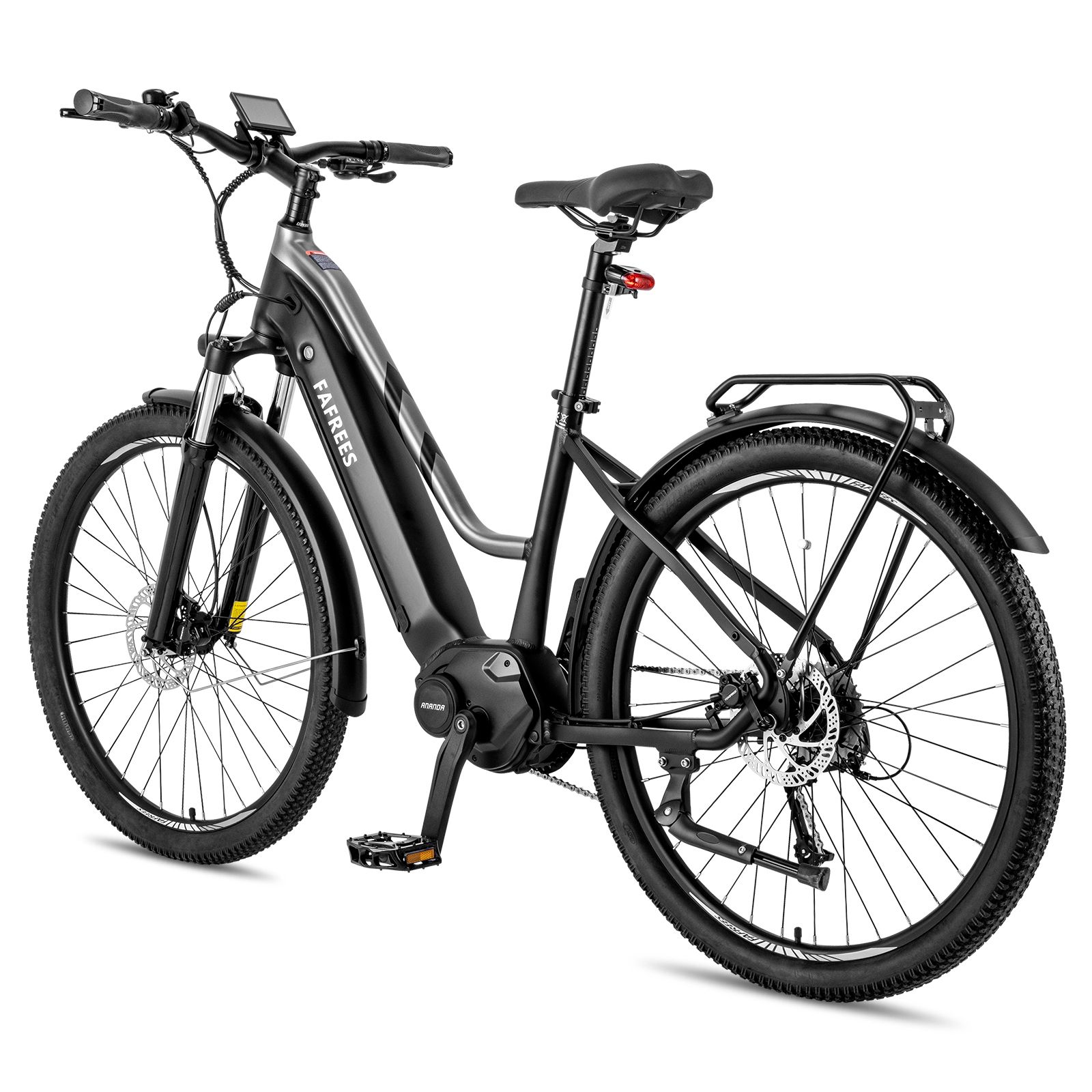E-bike nera con motore centrale. Logo FAFREES sul telaio. Portapacchi, parafanghi e pneumatici neri.