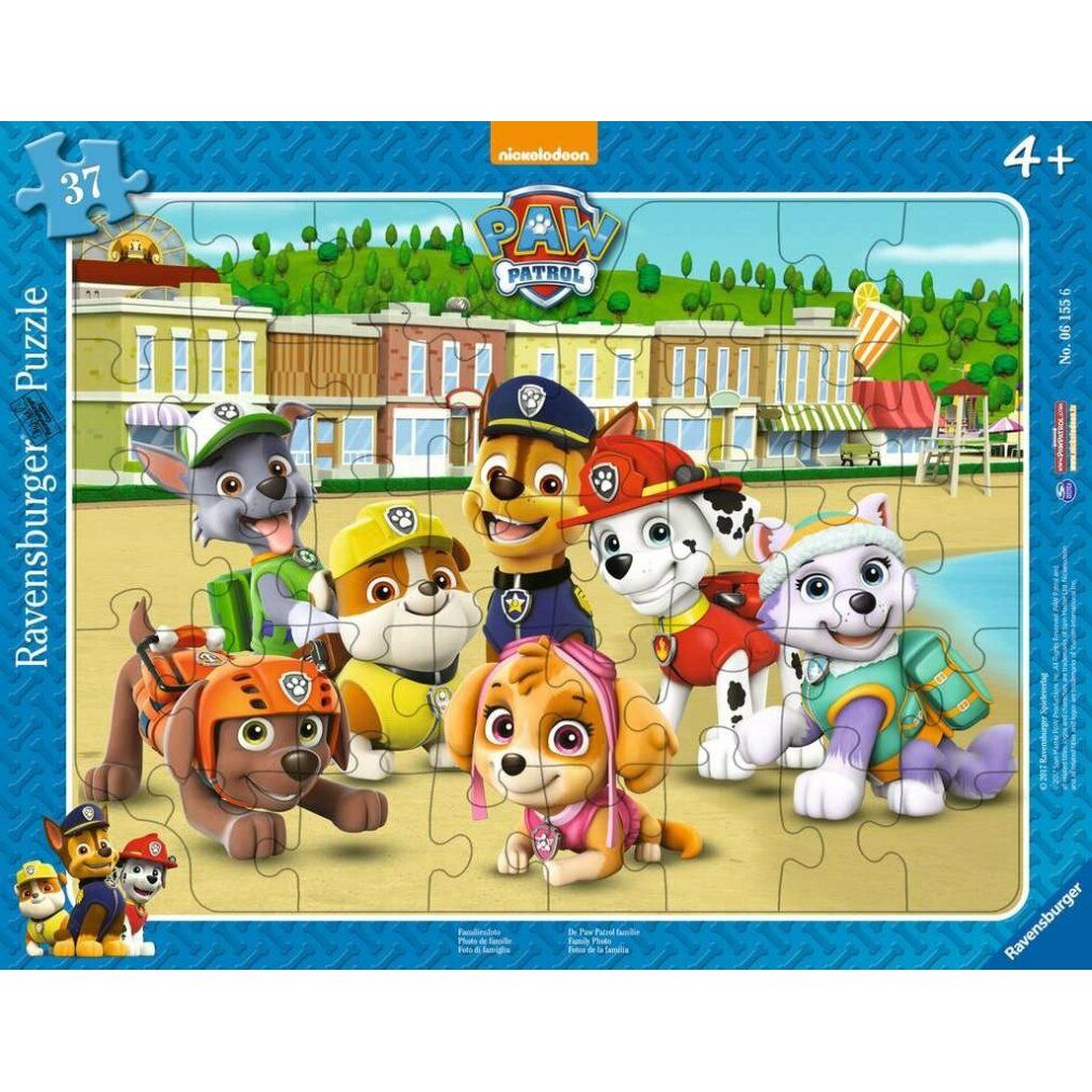 Puzzle con cornice da 37 pezzi. Soggetto: personaggi di Paw Patrol davanti a uno sfondo. Età consigliata: 4+. Marca: Ravensburger.