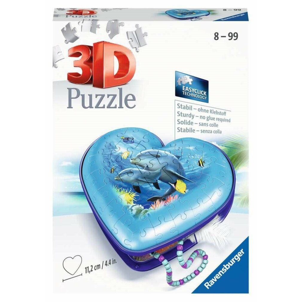 Puzzle 3D a forma di cuore. Motivo: delfini sott'acqua. Confezione con nome del prodotto, età consigliata e tecnologia Easyclick.