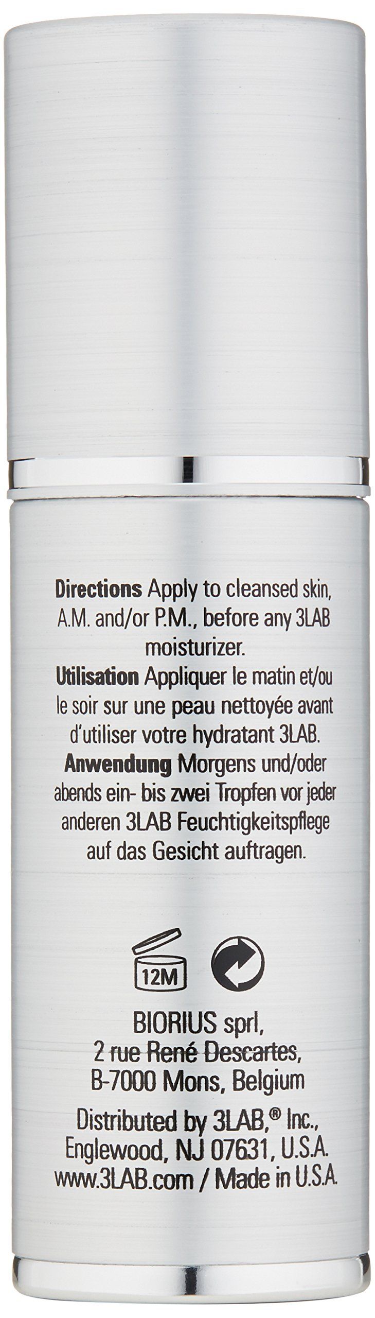 Retro del flacone con testo e simboli. Contiene istruzioni e informazioni sul produttore.