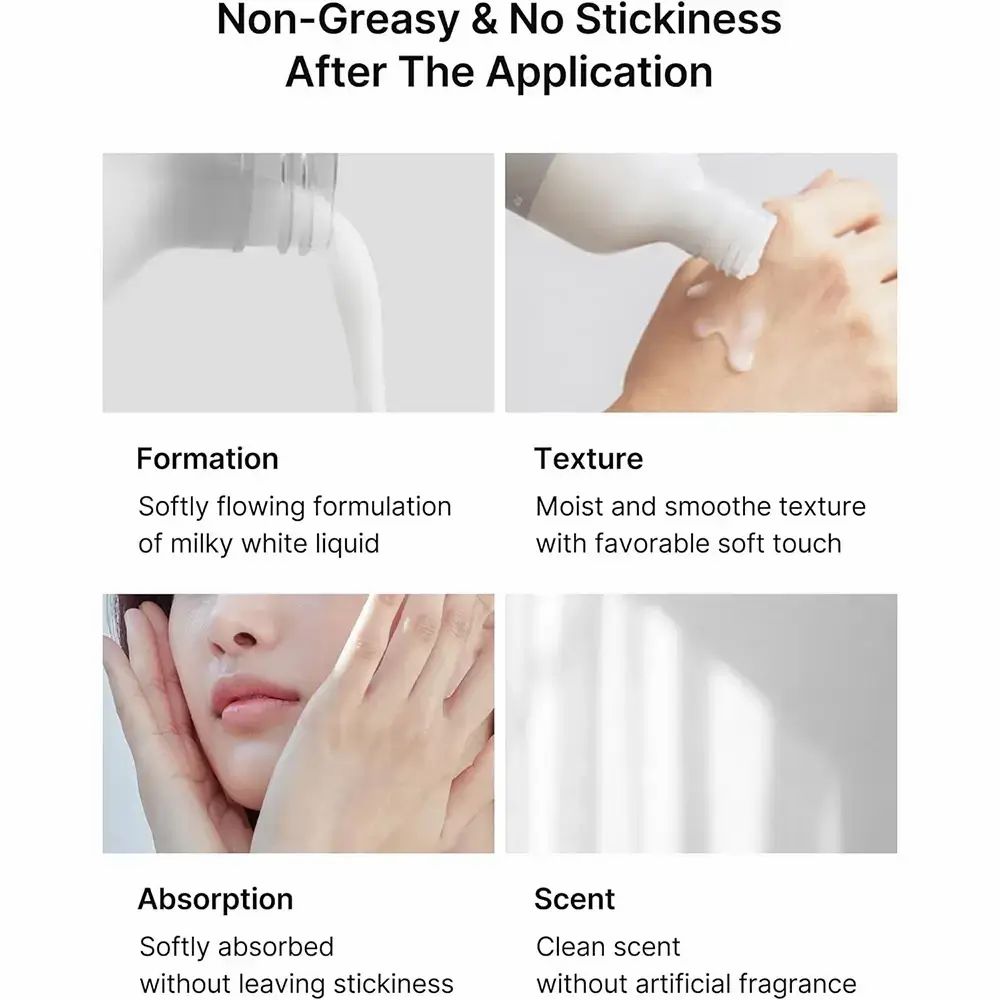 Quattro immagini mostrano l'applicazione del prodotto. Testo: Formazione, Texture, Assorbimento, Profumo.