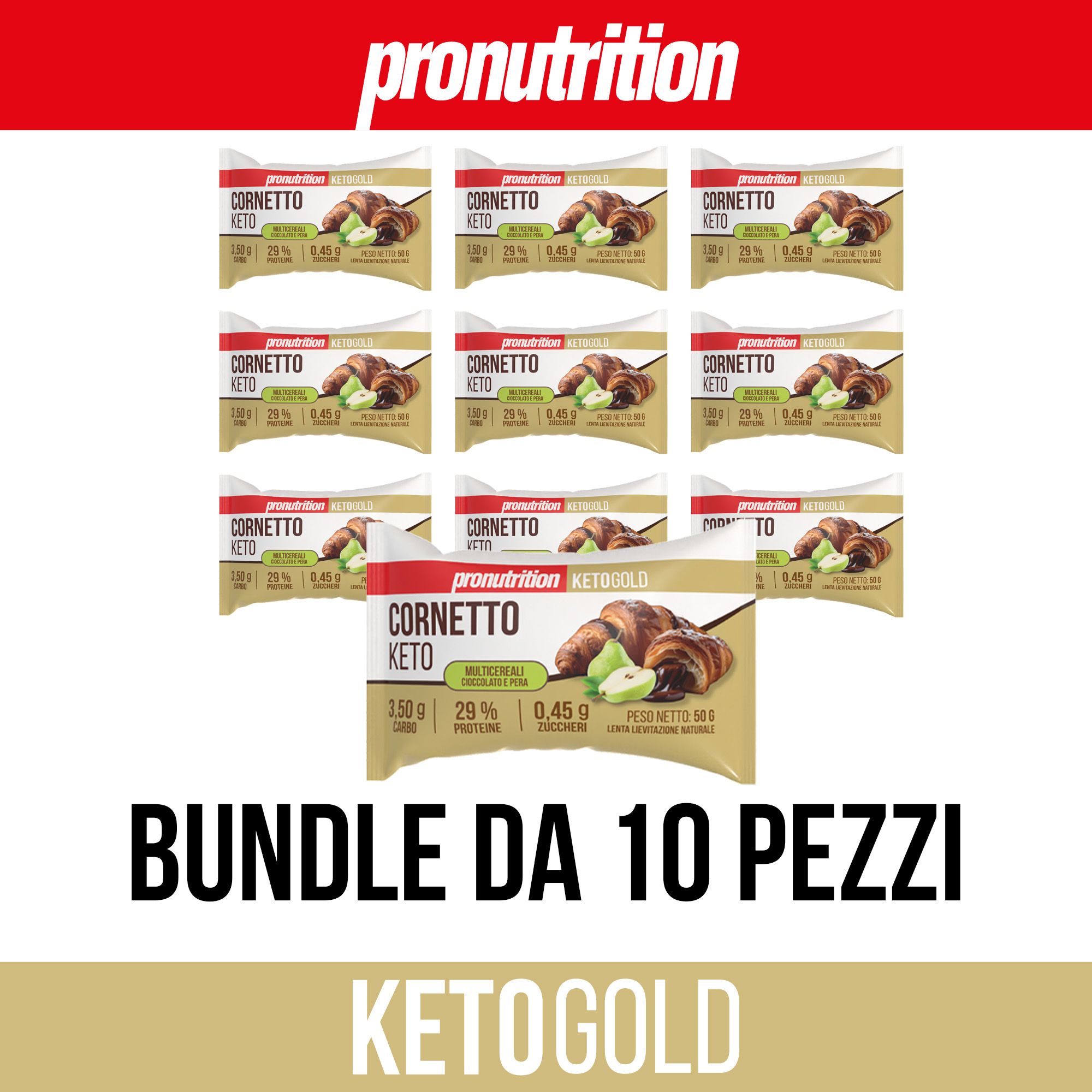 Confezioni Cornetto Keto. Testo: Bundle da 10 pezzi. Marchio Pronutrition, Keto Gold.