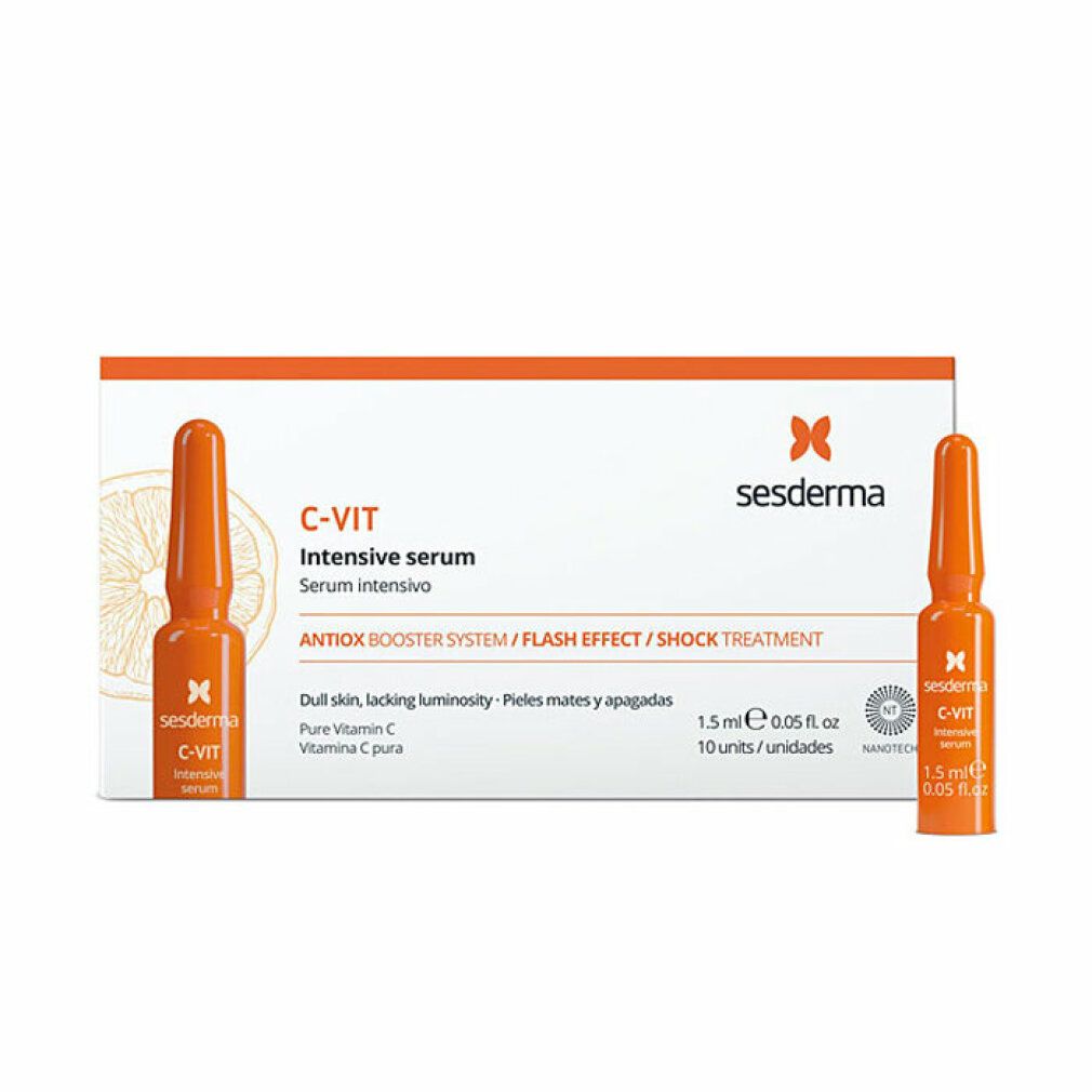 Confezione e fiale Sesderma C-VIT Intensive Serum. Fiale arancioni, testo bianco. Due fiale visibili.