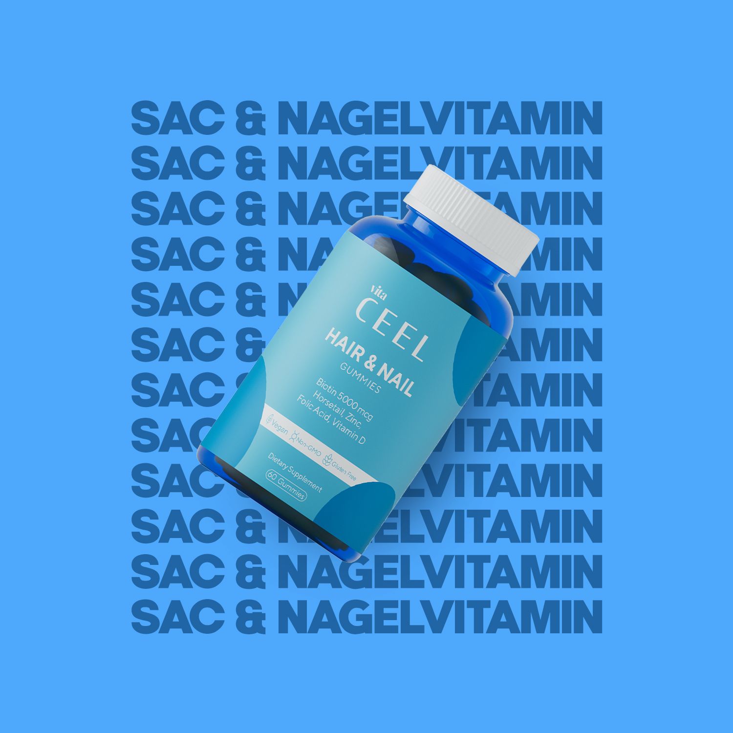 Flacone blu di caramelle gommose CEEL Capelli & Unghie. Contiene biotina, zinco e vitamina D.