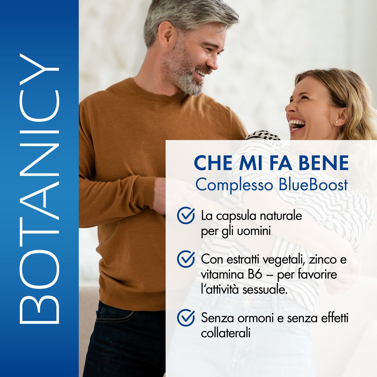 Coppia sorridente. Testo: "Che mi fa bene Complesso BlueBoost". Informazioni su ingredienti e benefici.